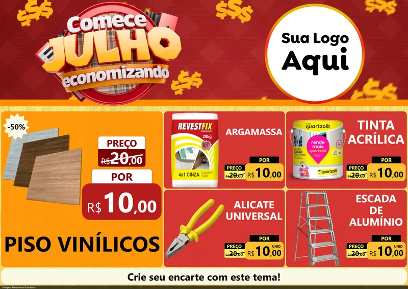 Modelo de Encarte para Encarte A4 Horizontal com o tema Comece Julho Economizando para Material para Construção