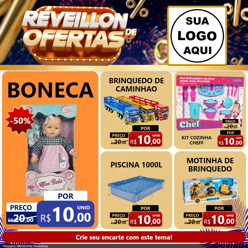 Modelo de Rede Social para Feed Facebook com o tema Réveillon de Ofertas para Brinquedos