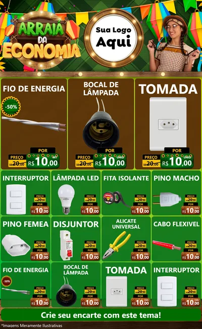 Modelo de Encarte para Encarte Grande com o tema Arraiá de Economia para Materiais Elétricos