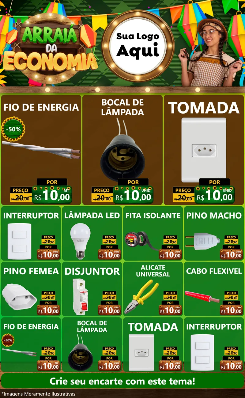 Modelo de Encarte para Encarte Grande com o tema Arraiá de Economia para Materiais Elétricos