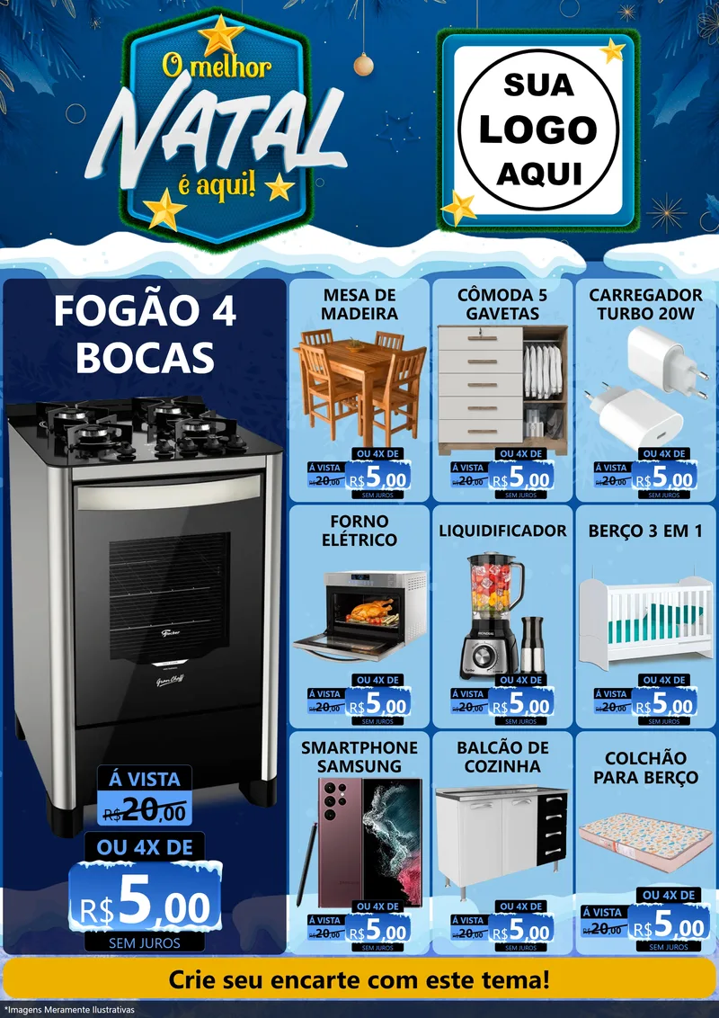 Modelo de Encarte para Encarte A4 Vertical com o tema O Melhor Natal É Aqui! para Móveis e Eletro
