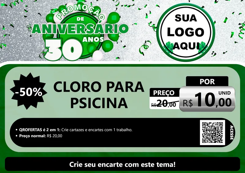 Modelo de Cartaz para Cartaz A4 Horizontal com o tema Promoção de Aniversário - 30 Anos para Produtos para Piscina