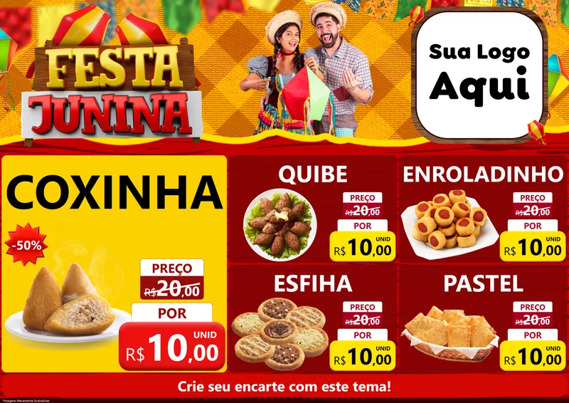 Modelo de Encarte para Encarte A4 Horizontal com o tema Festa Junina para Salgadaria