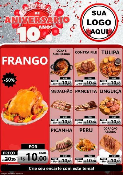 Modelo de Encarte para Encarte A4 Vertical com o tema Promoção de Aniversário - 10 Anos para Assados