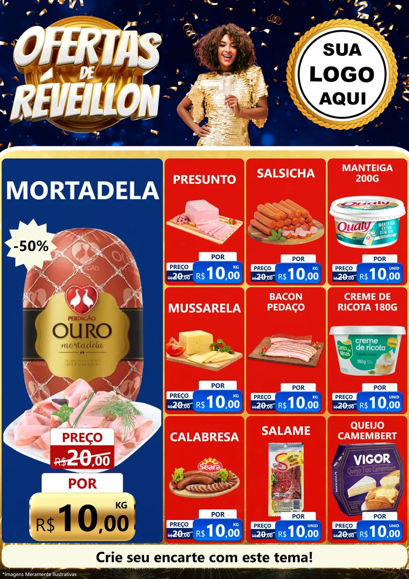Modelo de Encarte para Encarte A4 Vertical com o tema Ofertas de Réveillon para Frios e Laticínios