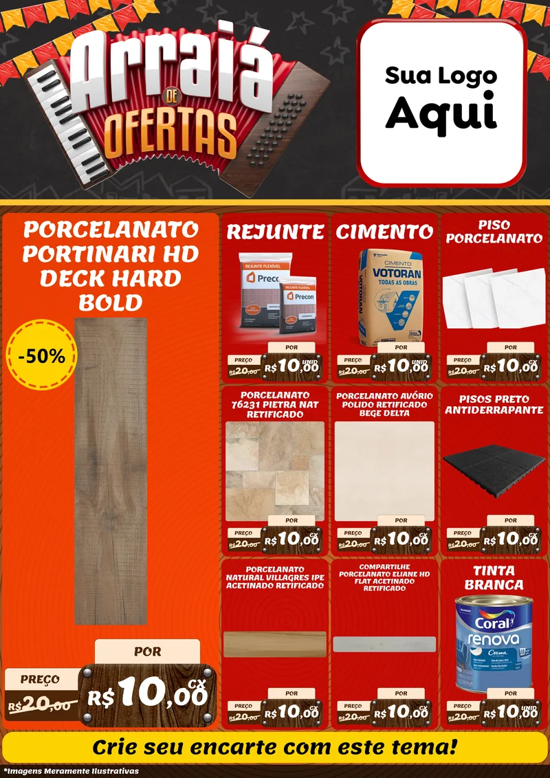 Modelo de Encarte para Encarte A4 Vertical com o tema Arraiá de Ofertas - Junina para Pisos e revestimentos