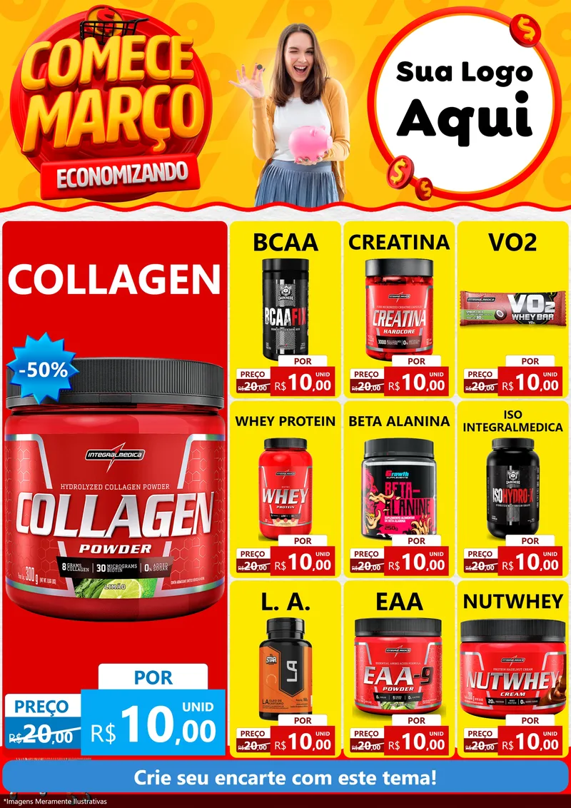 Modelo de Encarte para Encarte A4 Vertical com o tema Comece Março Economizando para Suplementos alimentares