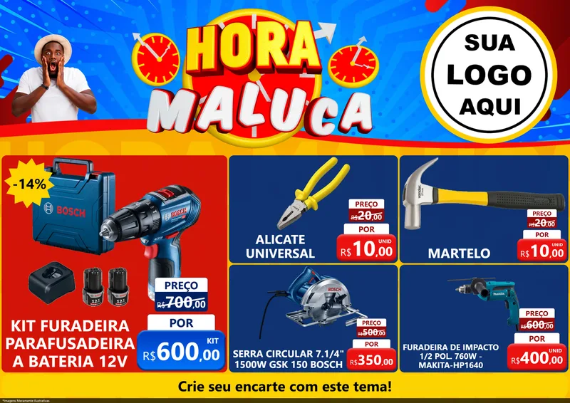 Modelo de Encarte para Encarte A4 Horizontal com o tema Hora Maluca para Maquinas e Ferramentas