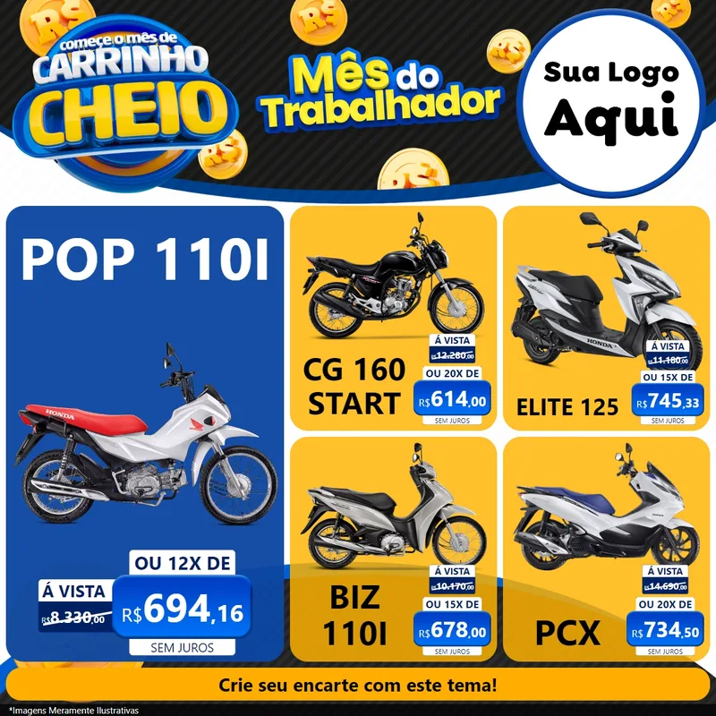 Modelo de Rede Social para Feed Facebook com o tema Comece o Mês de Carrinho Cheio para Concessionaria de Motos