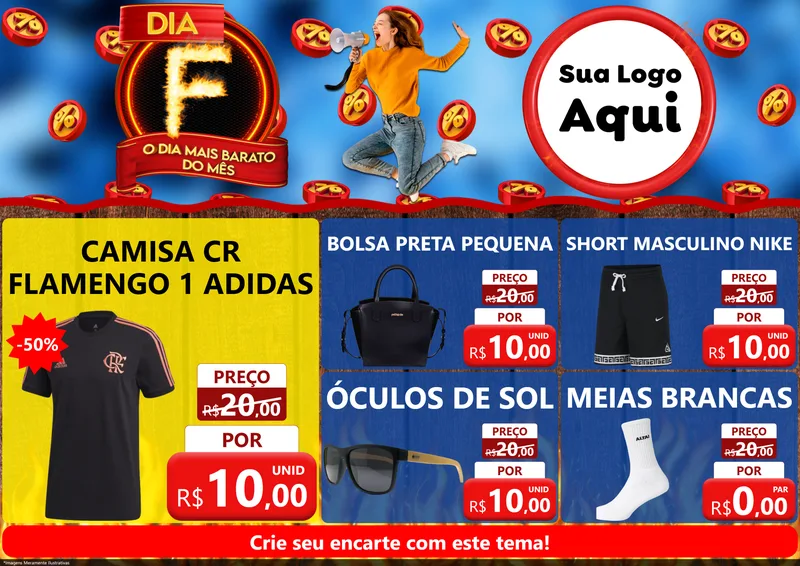 Modelo de Encarte para Encarte A4 Horizontal com o tema Dia F - O Dia Mais Barato Do Mês para Roupas e acessórios