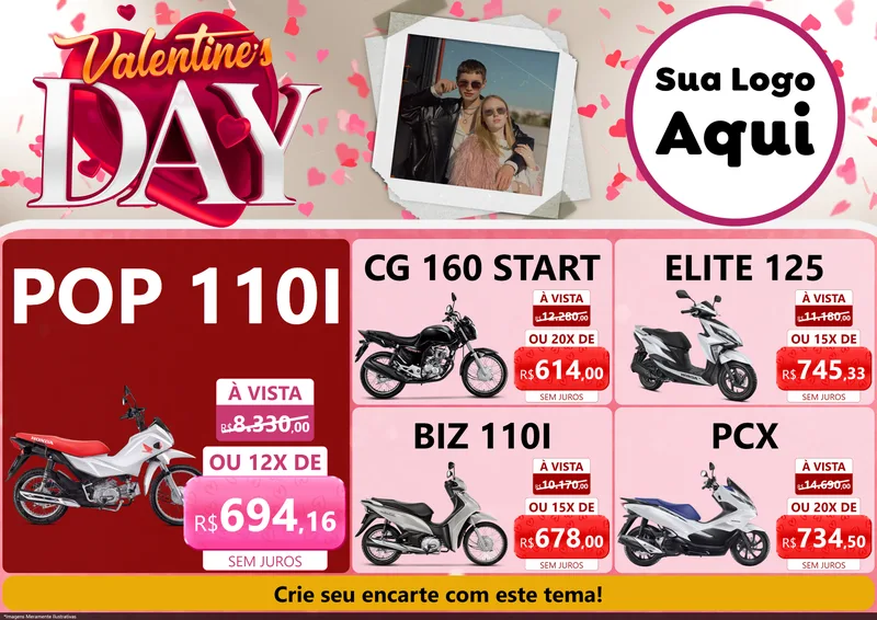 Modelo de Encarte para Encarte A4 Horizontal com o tema Valentine's Day para Concessionaria de Motos