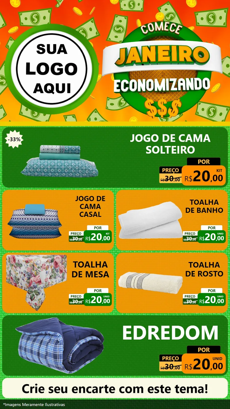 Modelo de TV para TV Vertical com o tema Comece Janeiro Economizando para Cama, Mesa e Banho