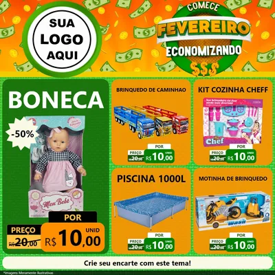 Modelo de Rede Social para Feed Facebook com o tema Comece Fevereiro Economizando para Brinquedos