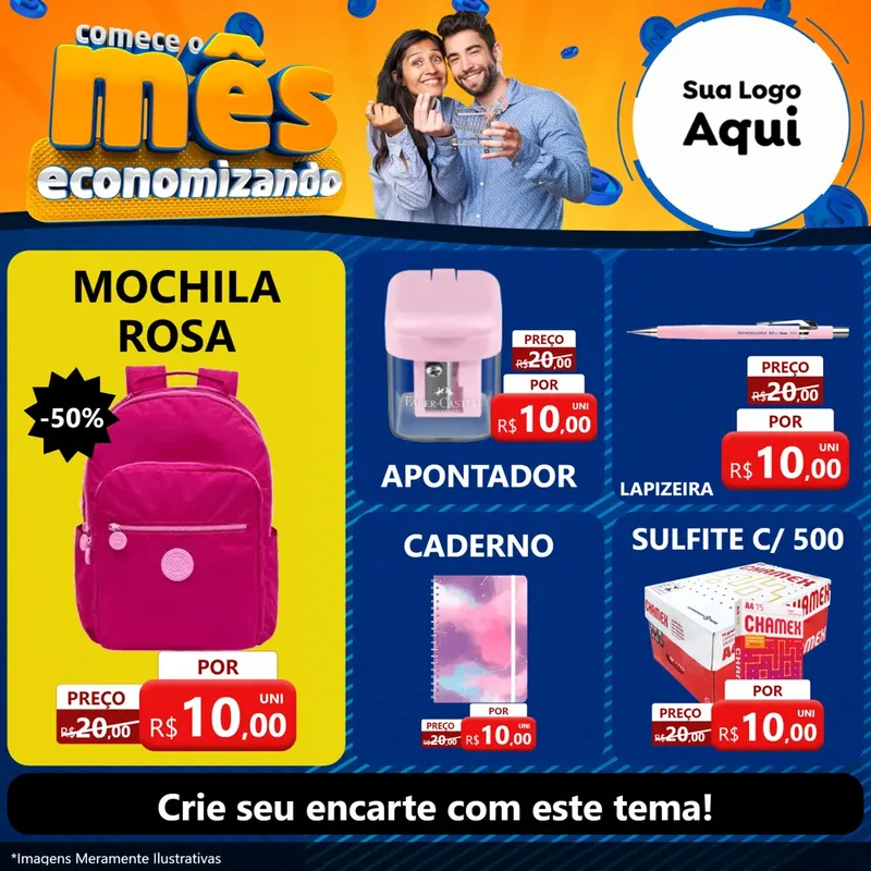 Modelo de Rede Social para Feed Facebook com o tema Comece O Mês Economizando para Papelaria