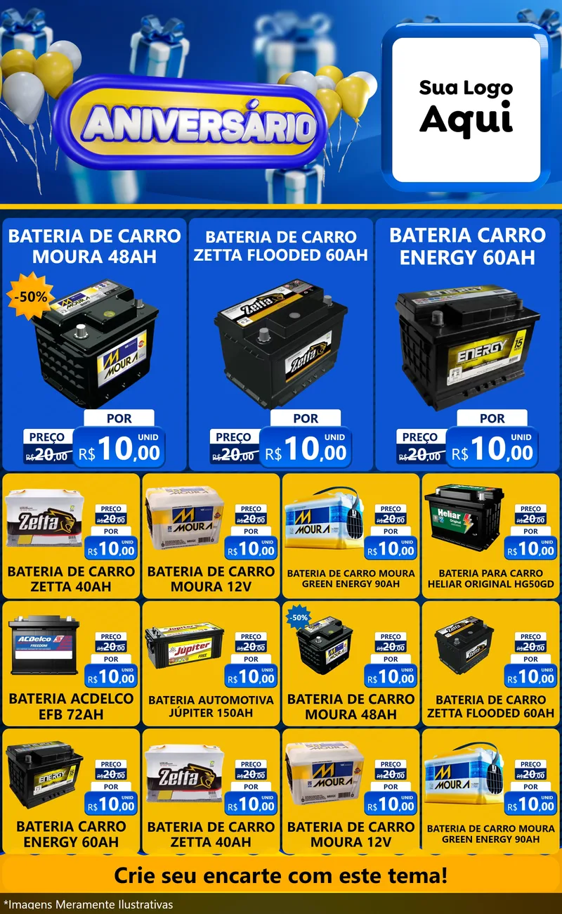 Modelo de Encarte para Encarte Grande com o tema Aniversário para Baterias Elétricas