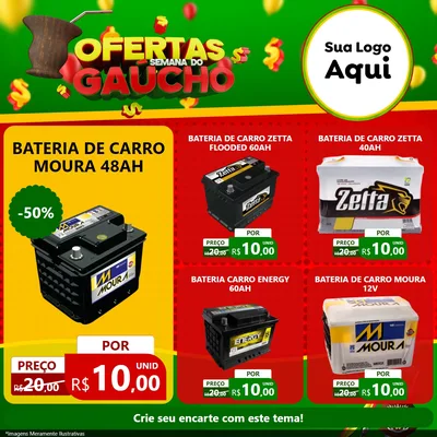 Modelo de Rede Social para Feed Facebook com o tema Ofertas Semana Do Gaúcho para Baterias Elétricas
