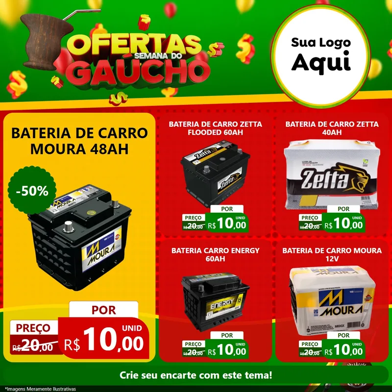 Modelo de Rede Social para Feed Facebook com o tema Ofertas Semana Do Gaúcho para Baterias Elétricas