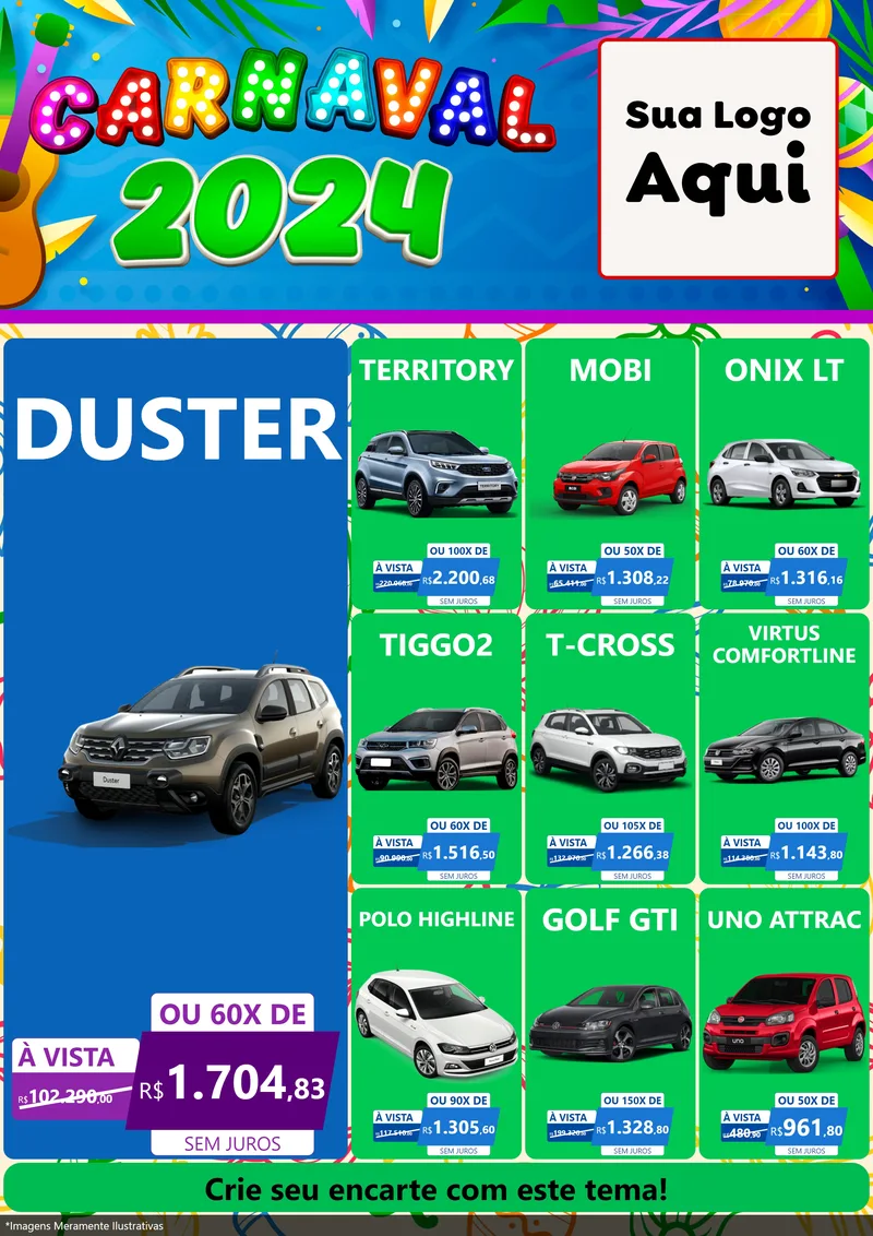 Modelo de Encarte para Encarte A4 Vertical com o tema Carnaval 2027 para Concessionaria de Carros