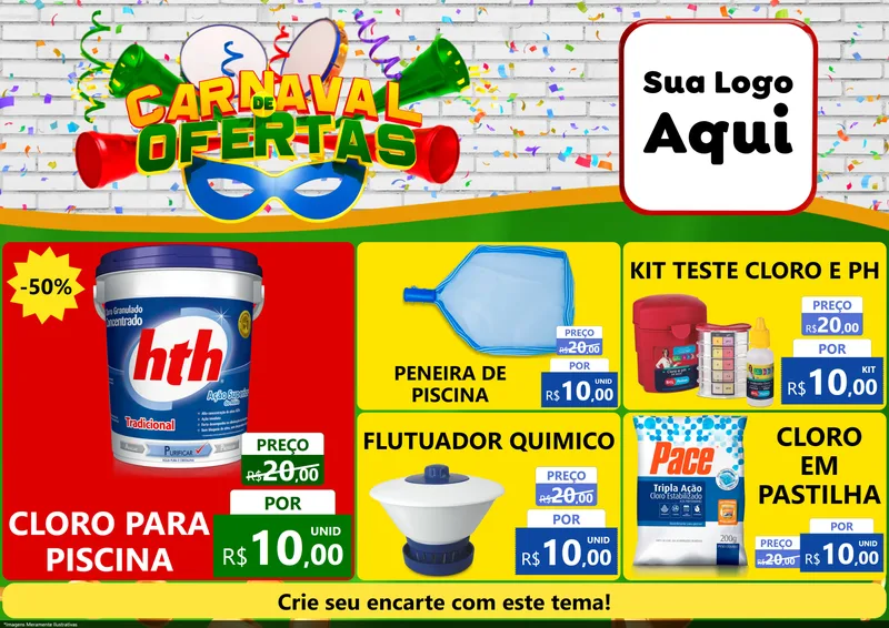 Modelo de Encarte para Encarte A4 Horizontal com o tema Carnaval de Ofertas para Produtos para Piscina