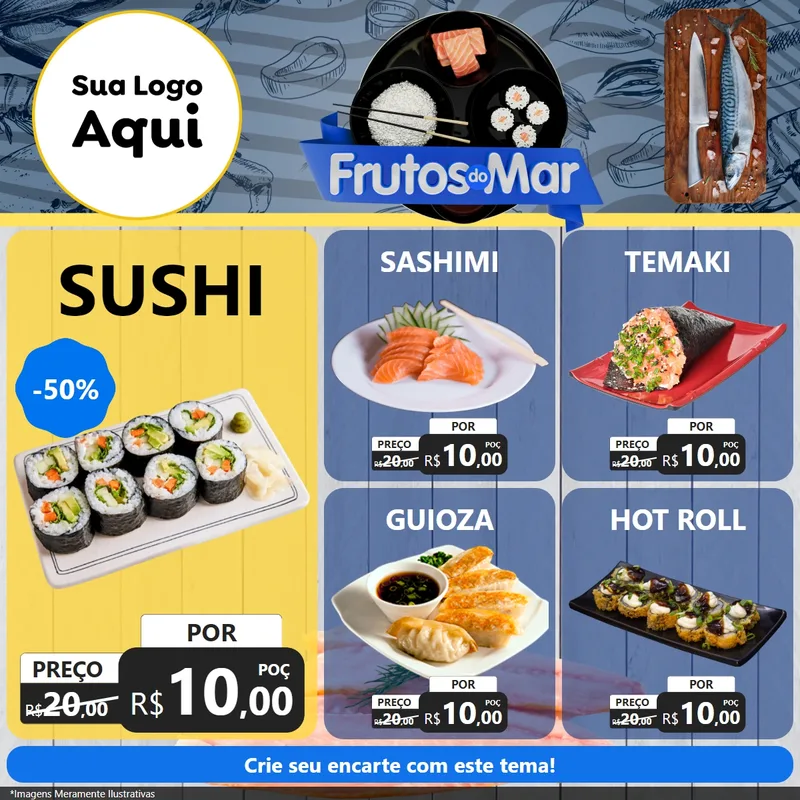Modelo de Rede Social para Feed Facebook com o tema Frutos do Mar para Comida japonesa