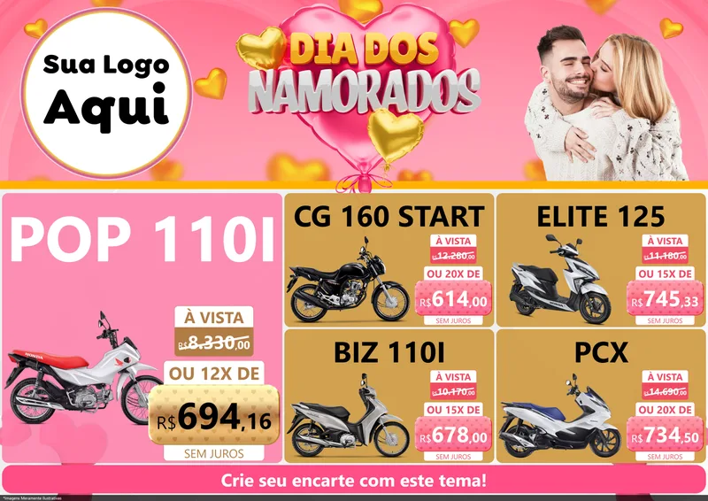 Modelo de Encarte para Encarte A4 Horizontal com o tema Dia dos Namorados para Concessionaria de Motos