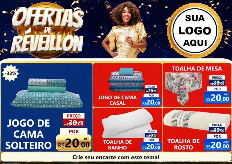 Modelo de Encarte para Encarte A4 Horizontal com o tema Ofertas de Réveillon para Cama, Mesa e Banho