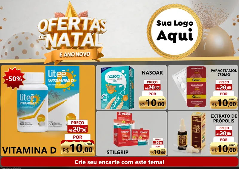 Modelo de Encarte para Encarte A4 Horizontal com o tema Ofertas De Natal E Ano Novo para Farmácia