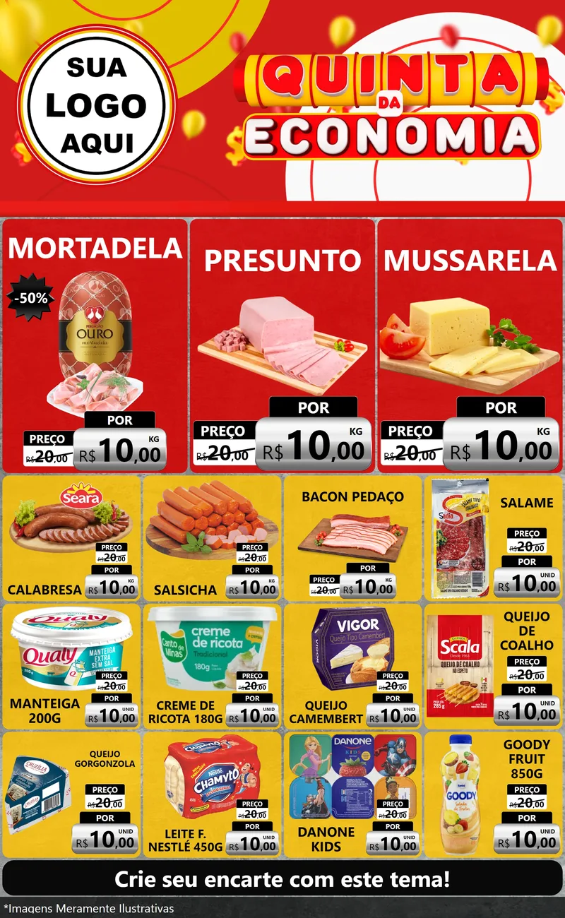 Modelo de Encarte para Encarte Grande com o tema Quinta da Economia para Frios e Laticínios