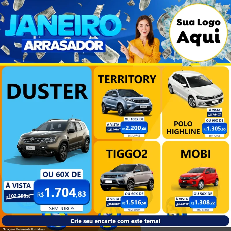 Modelo de Rede Social para Feed Facebook com o tema Janeiro Arrasador para Concessionaria de Carros