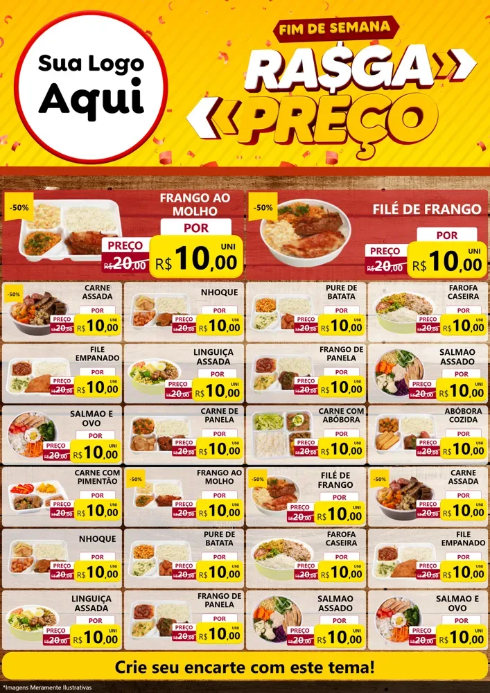 Modelo de Encarte para Encarte A4 Vertical com o tema Fim de Semana Rasga Preços para Restaurante