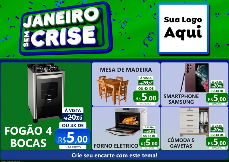 Modelo de Encarte para Encarte A4 Horizontal com o tema Janeiro Sem Crise para Móveis e Eletro