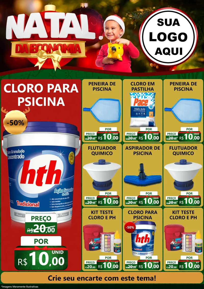 Modelo de Encarte para Encarte A4 Vertical com o tema Natal da Economia para Produtos para Piscina