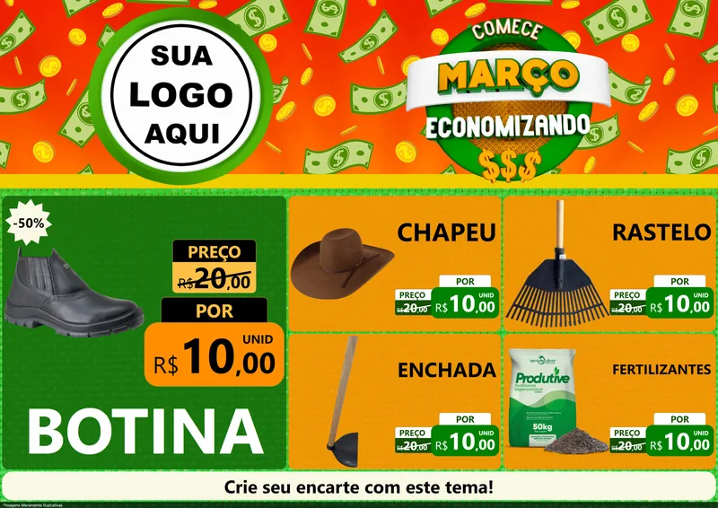 Modelo de Encarte para Encarte A4 Horizontal com o tema Comece Março Economizando para Agropecuária