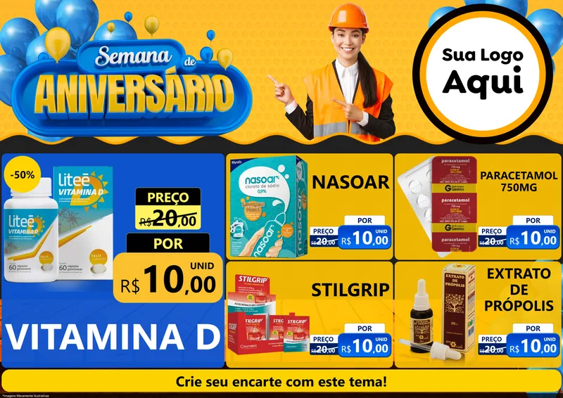 Modelo de Encarte para Encarte A4 Horizontal com o tema Semana de Aniversário para Farmácia