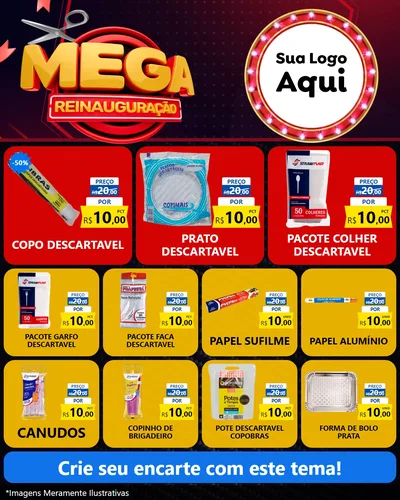 Modelo de Rede Social para Feed Instagram com o tema Mega Reinauguração para Embalagens