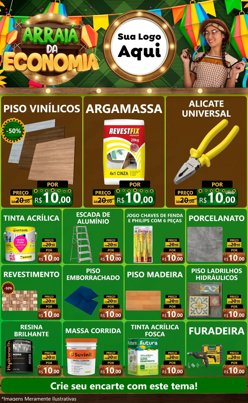 Modelo de Encarte para Encarte Grande com o tema Arraiá de Economia para Material para Construção