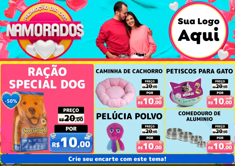 Modelo de Encarte para Encarte A4 Horizontal com o tema Promoção Dia dos Namorados para Pet Shop