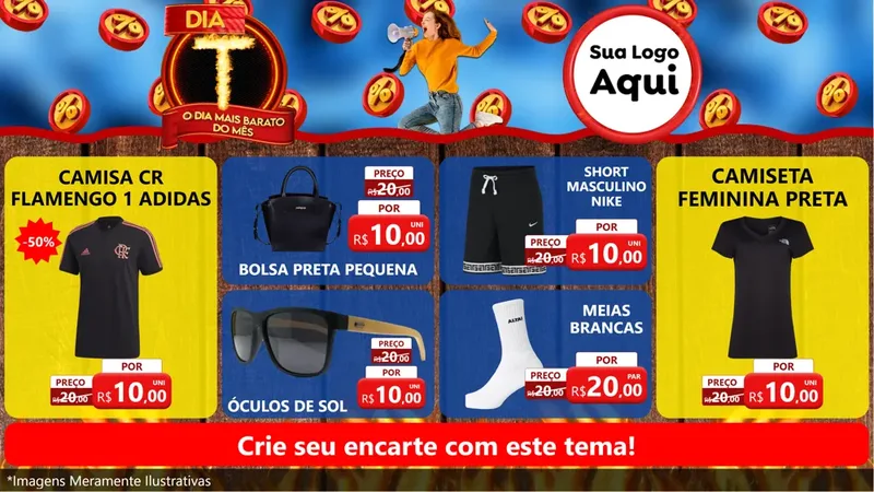 Modelo de TV para TV Horizontal com o tema Dia T - O Dia Mais Barato Do Mês para Roupas e acessórios