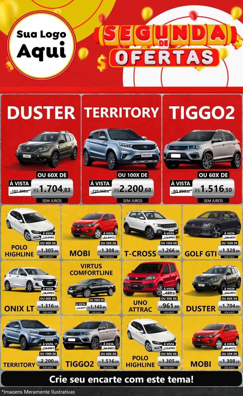 Modelo de Encarte para Encarte Grande com o tema Segunda de Ofertas para Concessionaria de Carros