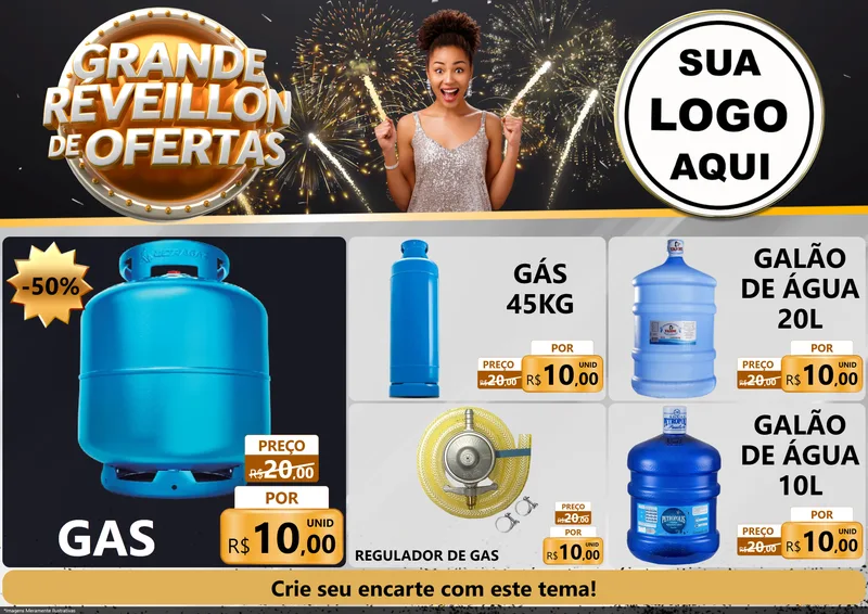 Modelo de Encarte para Encarte A4 Horizontal com o tema Grande Réveillon de Ofertas para Água e gás
