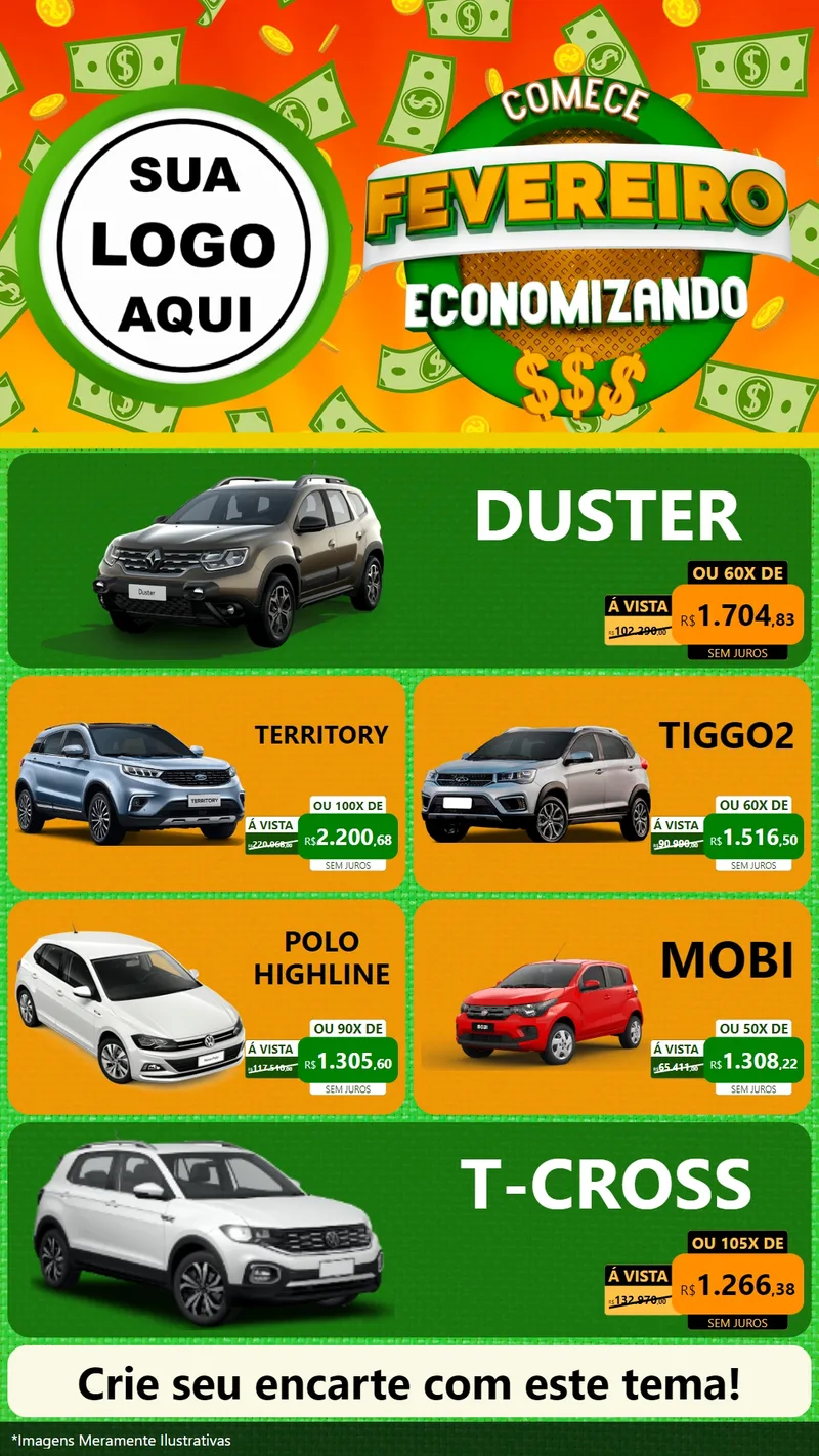 Modelo de TV para TV Vertical com o tema Comece Fevereiro Economizando para Concessionaria de Carros