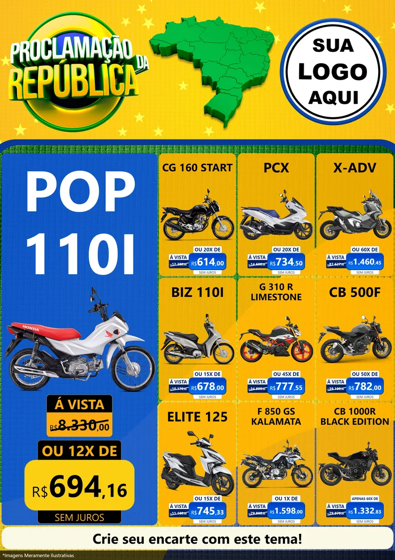 Modelo de Encarte para Encarte A4 Vertical com o tema Proclamação da República para Concessionaria de Motos