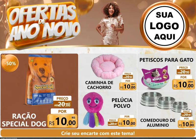 Modelo de Encarte para Encarte A4 Horizontal com o tema Ofertas de Ano Novo para Pet Shop