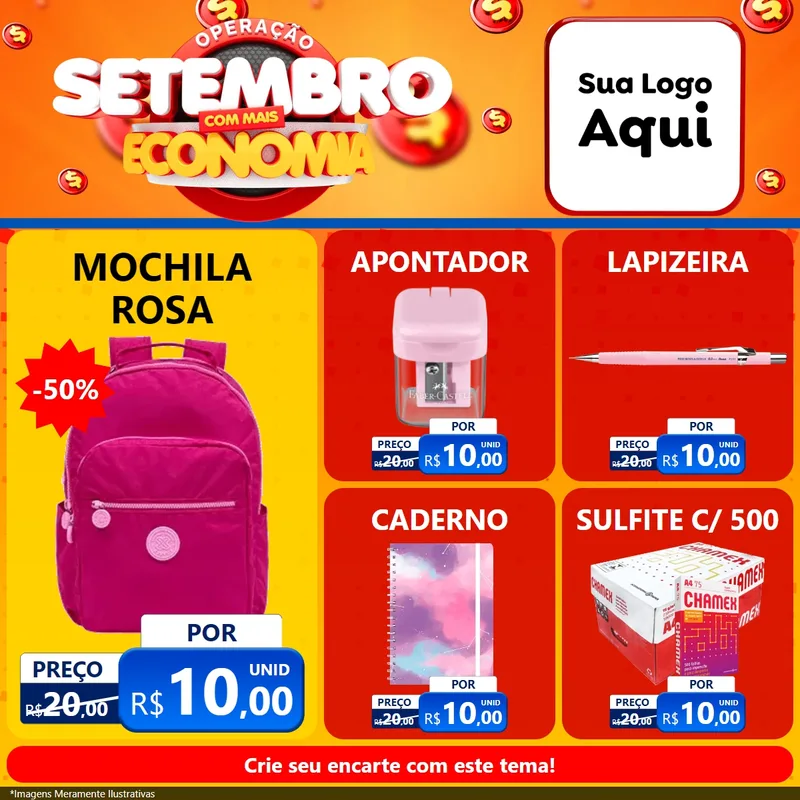 Modelo de Rede Social para Feed Facebook com o tema Operação Setembro Com Muita Economia para Papelaria