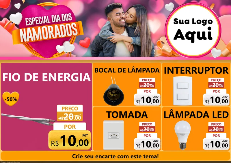 Modelo de Encarte para Encarte A4 Horizontal com o tema Especial Dia dos Namorados para Materiais Elétricos
