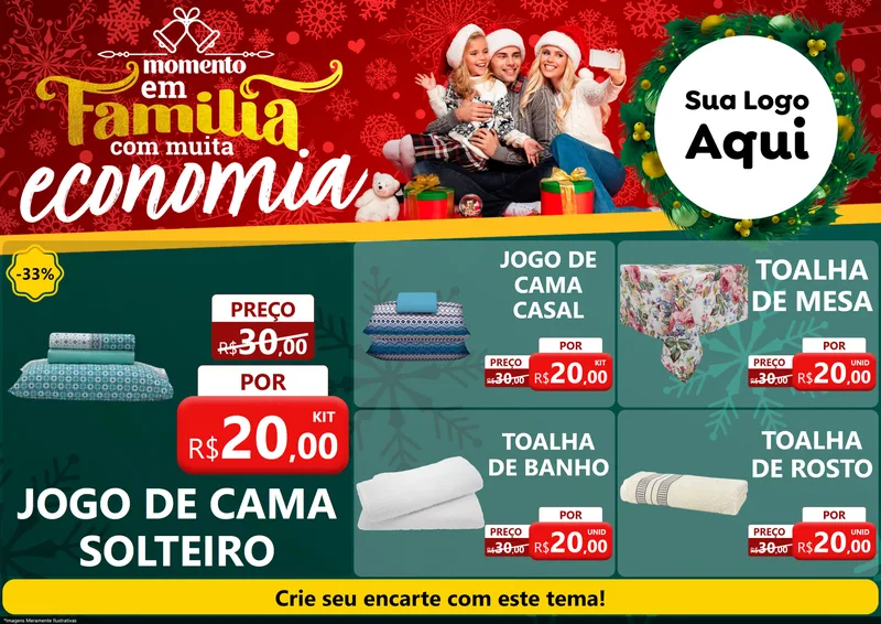 Modelo de Encarte para Encarte A4 Horizontal com o tema Momento em Família (Natal) para Cama, Mesa e Banho