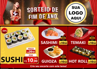 Modelo de Encarte para Encarte A4 Horizontal com o tema Sorteio de Fim de Ano para Comida japonesa