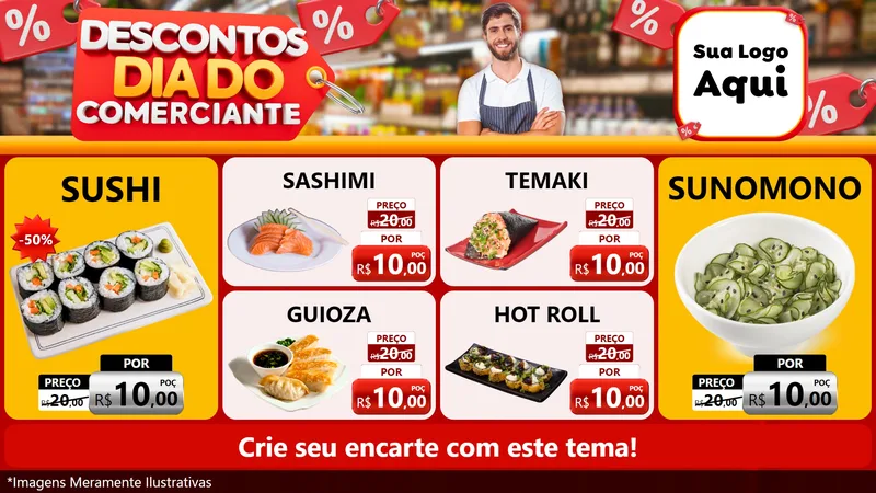 Modelo de TV para TV Horizontal com o tema Descontos Dia do Comerciante para Comida japonesa