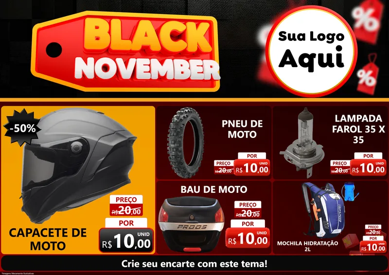 Modelo de Encarte para Encarte A4 Horizontal com o tema Black November para Moto peças