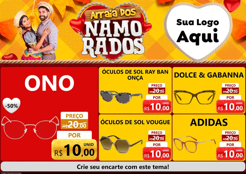 Modelo de Encarte para Encarte A4 Horizontal com o tema Arraiá dos Namorados para Óticas